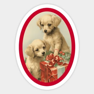 Puppies Xmas Unwrapping a Present Sticker